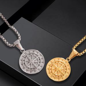 Collier Pendentif Boussole Rond en Acier Inoxydable pour Homme, Style Hip Hop Vintage avec Étoile et Pièce de Monnaie - Product Image 5