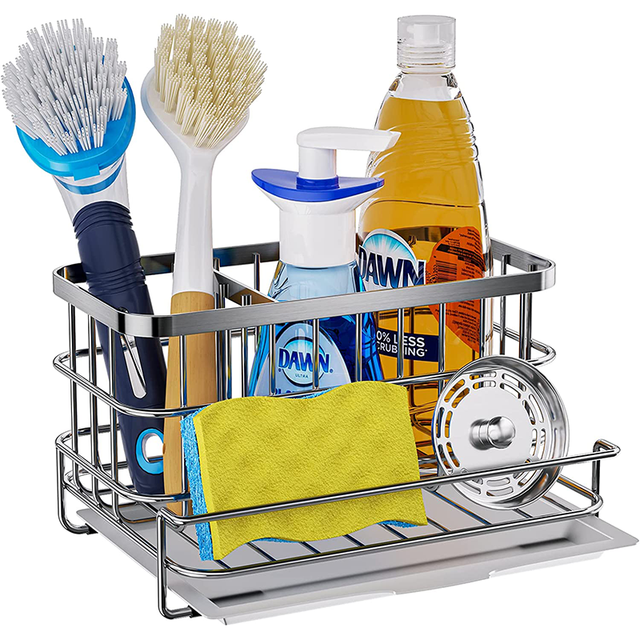 Stainless Steel Dish Dispenser Soap Kitchen Sink Organizer Stainless Steel Caddy Sponge Holder for Kitchen Sink With Drain Tray