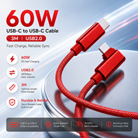 Câble USB C vers C de 3 m, transfert de données USB 2.0, charge rapide 60 W 3 A, câble de charge en nylon tressé rouge, fournisseur OEM ODM, usine