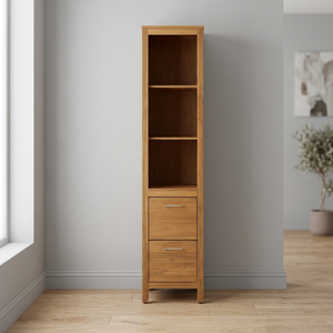 Solid Teak Wood <b>Tall</b> Bathroom Cabinet 2 <b>Drawer</b> 3 Open Shelf Linen Tower with Handles - Product Image 1
