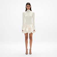 Nouvelle Robe Mini Femme Élégante Blanc Cassé Col Montant Manches Longues Boutons Dorés Poignets Plissés Jupe Bouffante Personnalisée Vente en Gros