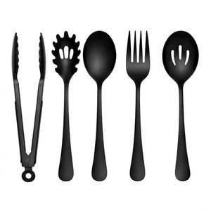 Ensemble d'ustensiles de table en métal noir mat avec pince, spatule, cuillère, fourchette et cuillère de service, design minimaliste, compatible lave-vaisselle, pour le camping - Product Image 1