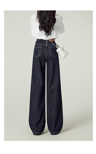 <span class=keywords><strong>Pantalon</strong></span> en jean pour <span class=keywords><strong>femme</strong></span>, <span class=keywords><strong>bleu</strong></span> <span class=keywords><strong>marine</strong></span>, taille haute, coupe droite amincissante, ample, décontracté, vintage, style américain, jambe large - Product Image 6