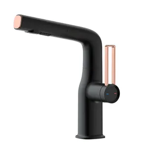 Factory Supplier Rose Gold And Black Deck Mounted Single Handle Bathroom Wash Basin Faucet Mixer