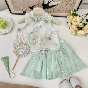 ชุดลำลองเด็กผู้หญิ<span class=keywords><strong>ง</strong></span>สไตล์จีนแบบใหม่สำหรับฤดูร้อน ชุดเสื้อกั๊กและกระโปรงสอ<span class=keywords><strong>ง</strong></span>ชิ้น สำหรับเด็กอายุ 8 ปีขึ้นไป - Product Image 1