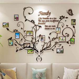 Décoration murale Arbre généalogique pour salon, collage d'images 3D amovible, autocollants acryliques DIY avec tête de cerf et citation - Product Image 1