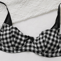 Set Lingerie Wanita Hitam Putih Bernapas, Bra Balconette Kawat Tipis, Panel Jala, Bikini, Set Pakaian Dalam Motif Kotak-kotak dengan Pita Lucu