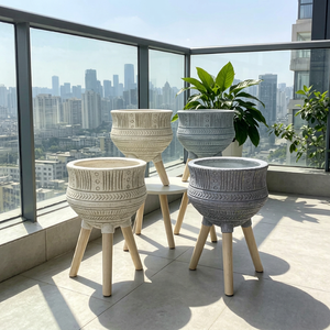 Ethnic Pattern Standing Flower <b>Planter</b> with Wooden Legs, Multi-color Indoor <b>Outdoor</b> Home Garden Decor Wholesale - Product Image 1