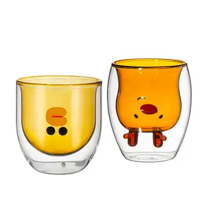 定制硼硅酸盐创意卡通隔热黄鸭形水杯饮用双壁玻璃杯