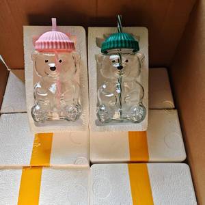 Gobelets à boisson multicolores de 20 oz, résistants à la chaleur, en verre, avec paille, motif ours mignon, pour café, jus, thé et lait - Product Image 2