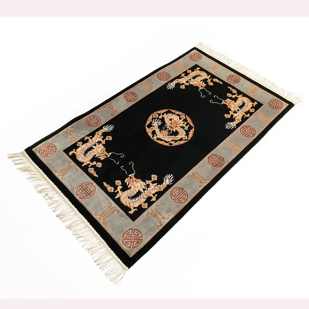 Karpet Permadani Sutra 100% Kaki 3X5 Kaki Buatan Tangan Cina Seni Naga Kuning dan Hitam