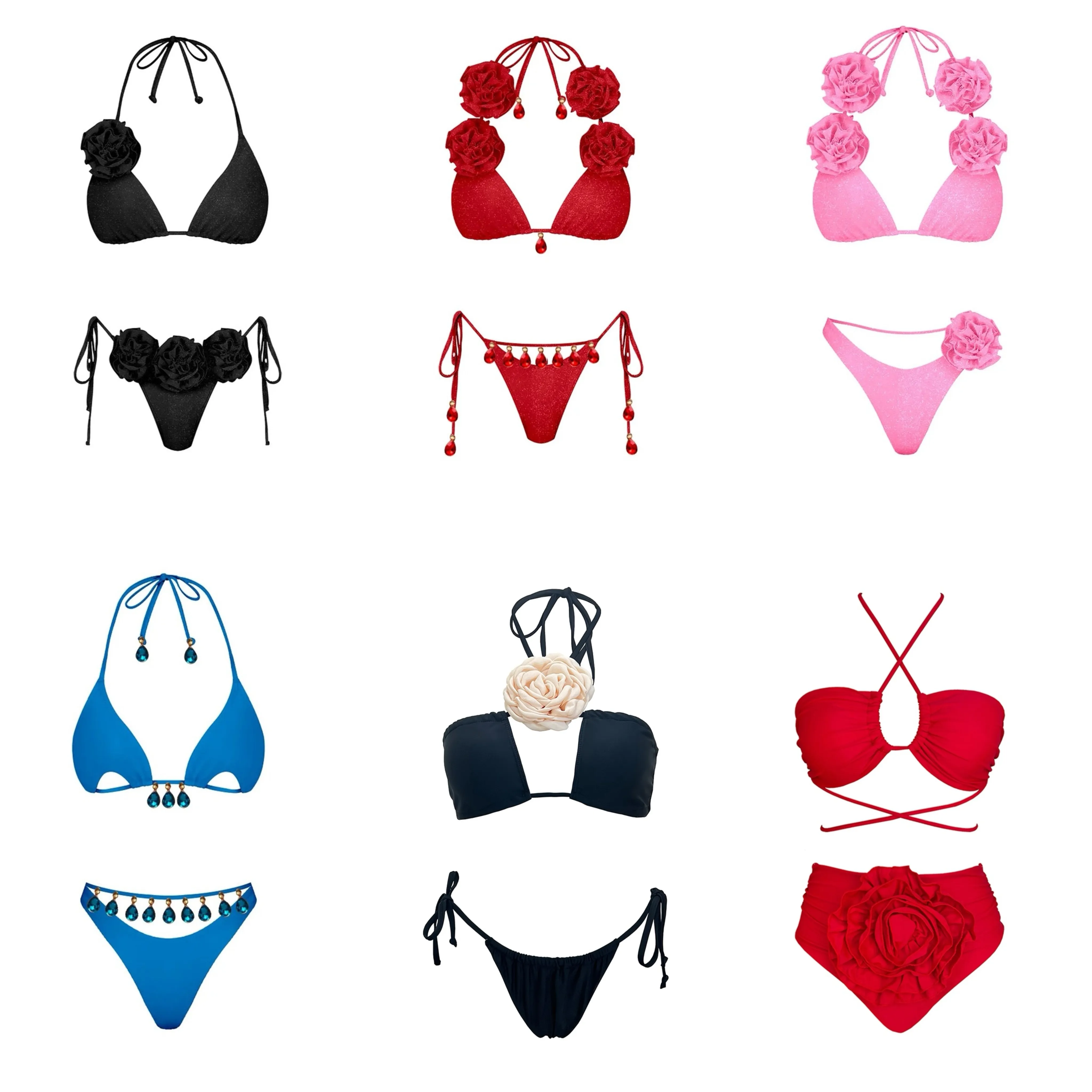 Produttore Oem costumi da bagno costumi da bagno personalizzati due pezzi in tinta unita 3D stringa di fiori bikini Set per le donne Strappy Hight vita costume da bagno