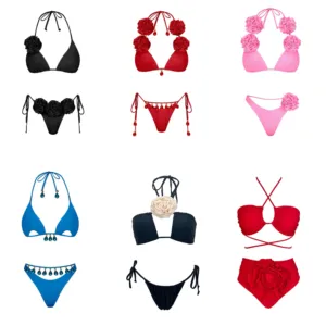 Oem Manufacturer Custom Swimwear Beachwear 2 Piece Solid 3D Flower String Bikinis Set For Women Strappy Hight Waist Swimsuit