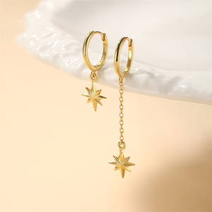 Boucles d'oreilles pendantes asymétriques en argent sterling S925 style AB, motif étoile à huit branches géométrique minimaliste avec pompon - Product Image 3
