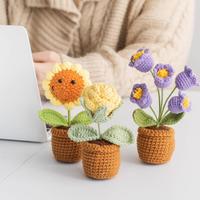 Ornement floral tricoté à la main en fil de coton écologique, petite décoration de plante en pot pour la remise des diplômes, la fête des pères, Noël