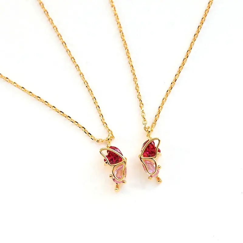 Milskye friends elegant jewelry 18k gold ruby heart pink crystal pear shape butterfly necklace set