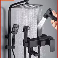 Mitigeurs de Douche et Baignoire en Laiton Noir avec Pommeau de Douche Pluie 4 Fonctions, Mélangeur Chaud et Froid, Cartouche Céramique et Jet Pluie