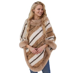 Women Casual Stripe Faux Fur Trim Cloak Winter Warm Pull Over Shawl for Daily Life Cold Weather Ice Activities - Product Image 3