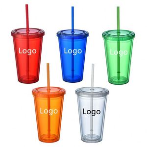 Gobelets en plastique à double paroi de 16 oz, différentes couleurs, avec couvercles et pailles, personnalisables avec logo - Product Image 1