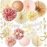 Décorations d'anniversaire beige or champagne pour femmes et filles, lanternes en papier pêche bohème, pompons en papier, éventails, glands, guirlande de fête
