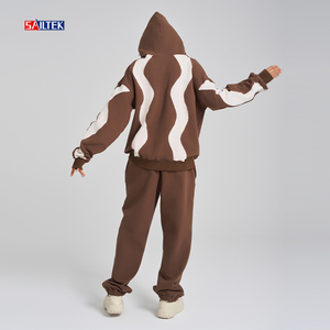 Felpa <span class=keywords><strong>Oversize</strong></span> da Donna con Motivo Ondulato Bicolore Marrone e Bianco, Pullover con Cappuccio Patchwork Casual Streetwear - Product Image 2