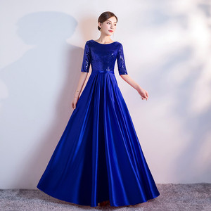 Women's Long Choir Dress Gold Satin 3/4 Sleeve Stage Performance Evening Gown Adult Formal Wear - Product Image 3