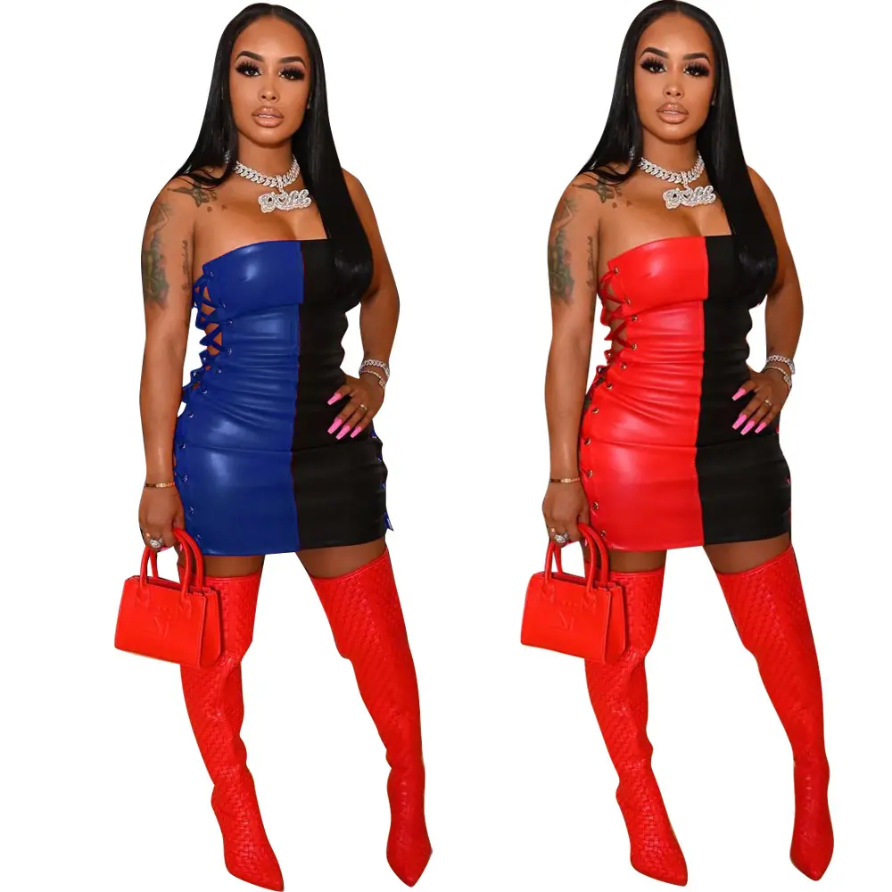 J&H 2023 hot sale lace up tube dress two tone leather mini bodycon club dress ladies sexy strapless patchwork dresses