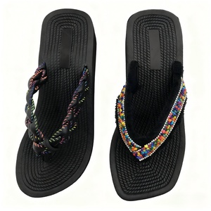 Sandales compensées noires à bout carré pour femme, avec lanières perlées et strass, semelle épaisse, écologiques, style bohème chic, printemps-été, pour l'extérieur - Product Image 3