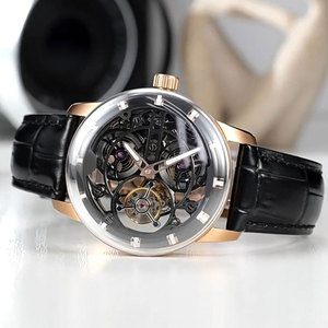Montres mécaniques à tourbillon squelette, boîtier en or rose de 40mm, bracelet en cuir, cadran en verre saphir en dôme, montre pour hommes SM1046 - Product Image 2