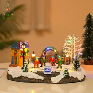KG Xmas Ready To Ship Adorno de Navidad Noel Resin Christmas Decorations Lighted Musical Ski Christmas Village In Motion