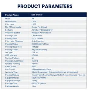 طابعة EraSmart L805 Impressora Dtf على التيشيرتات بحجم A4 من خلال النقل الحراري، ماكينة طباعة على التيشيرتات بحجم A4 Dtf، للشركات الصغيرة والتيشيرتات
