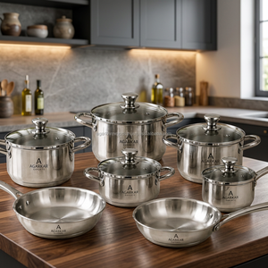 Juego de ollas y sartenes de acero inoxidable de 10 piezas con asas remachadas, compatibles con gas, para uso diario en la cocina. - Product Image 1