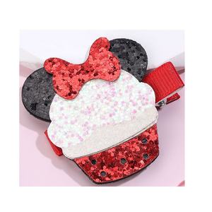 Vente en gros de pinces à cheveux pour petites filles, motifs dessin animé mignons, pailletés rose et rouge, motifs chat, cerise, crème glacée, pour fête - Product Image 2