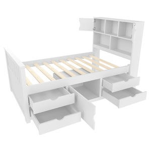 Lit enfant avec étagère et tiroirs, blanc, en bois massif, meubles de chambre pour enfants - Product Image 5
