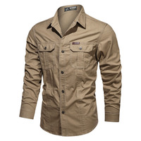 Chemise décontractée de style militaire pour hommes, salopette à simple boutonnage, manches longues, pur coton délavé, grande taille