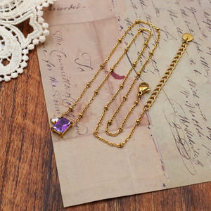 European American Style Rectangular <b>Amethyst</b> <b>Necklace</b> Gold Chain Geometric Pendant Everyday Wear Clavicle Chain - Product Image 2