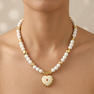 New Arrival Synthetic Ivory and CZ Charm White <b>Beads</b> <b>Necklace</b> Brass 18k Gold Plated Hand Carved Heart Pendant <b>Necklace</b> for Gift - Product Image 3