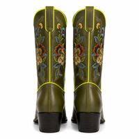 Bottes de cowgirl à bout pointu brodées de fleurs vert olive, style western, pour femmes, vente en gros