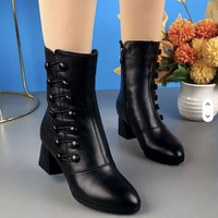 Bottines à talons épais pour femmes - Cuir de vache noir - Chaussures de marche d'hiver