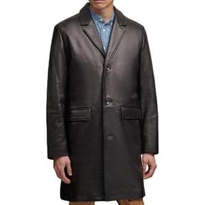 Abrigo de Cuero Personalizado para Hombre, Estilo Clásico, Largo, Doble Botonadura, Cuello con Muescas, Piel de Vaca Genuina Pulida - Product Image 4