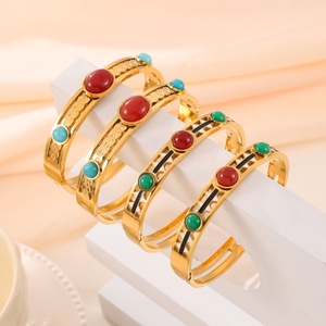 Wholesale Simple Gold Bracelet Designs Vintage Nature <b>Jade</b> <b>Bangle</b> with Gemstone High Quality Stainless Steel Jewelry - Product Image 6