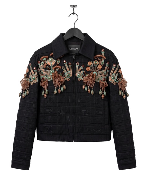 DIZNEW 3D Botanical Embroidery Jacket Men Black Heavy Fabric Full Back Floral Root Art Streetwear Collector Edition Custom OEM