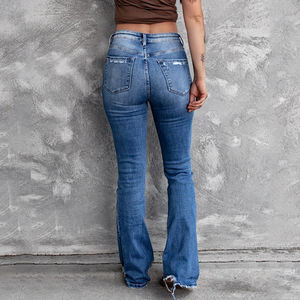 Nouveautés transfrontalières automne/hiver, pantalon flare tendance à taille haute, extensible, à bords effilochés, délavé, <span class=keywords><strong>jean</strong></span> long pour femmes - Product Image 4