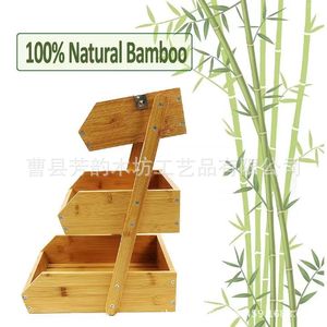 Cesta de frutas de madera maciza de tres niveles con ganchos para almacenamiento en la cocina, ecológica, de forma rectangular - Product Image 3