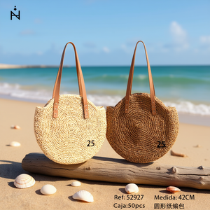 Borsa rotonda in carta intrecciata da 42 cm, borsa a mano circolare in paglia per donna, borsa da spiaggia estiva - Product Image 3