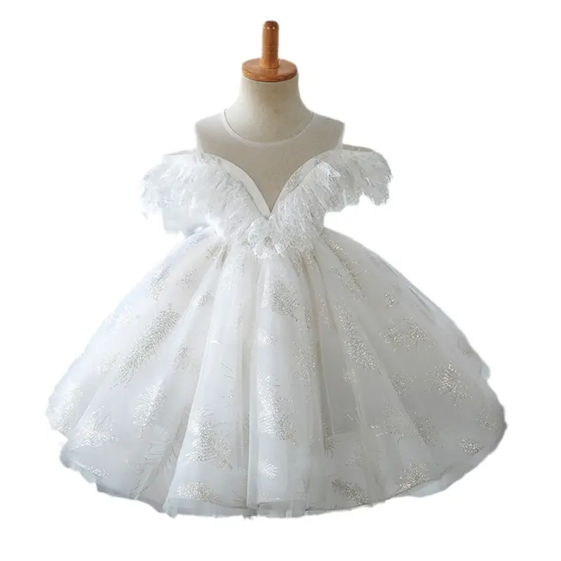 Neues Modell Off -Shoulder mit Feder blume Baby Girls Pageant Festival Geburtstags feier Hochzeit Prom Tüll Kleid