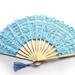 Abanico de mano de bambú de encaje de boda de lujo con logotipo personalizado, abanico de baile moderno hecho a mano bordado <span class=keywords><strong>en</strong></span> algodón - Product Image 1