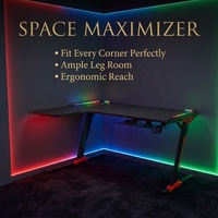 Table de jeu commerciale moderne en acier inoxydable en forme de L, extensible et réglable, avec éclairage LED intégré, porte-gobelet et support pour casque