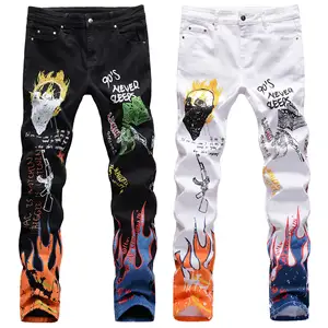 AeeDenim Hotsale alta rua dos homens elásticos slim 3D impressão a cores calças preto e branco crânio graffiti rua denim Jeans