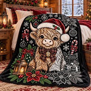 Manta de Peluche de Vaca Highland Navideña para Colorear DIY con Patrón Festivo y Diseño de Gorro de Santa Rojo para un Hogar Acogedor - Product Image 2